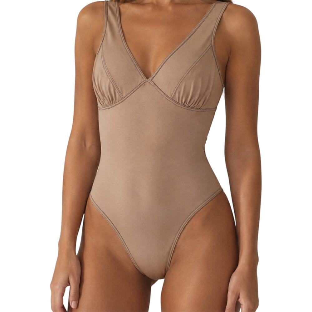 CodexMode Bodysuit Tank V-Neck Opaque Contrast Stitch Snap Button Nude XS NWOT